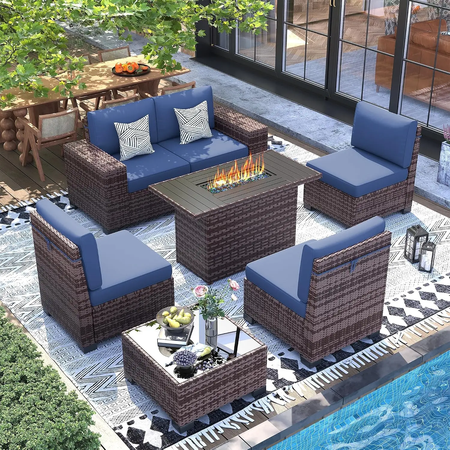 7-Piece Wicker Sectional Sofa with Fire Pit Table, 8