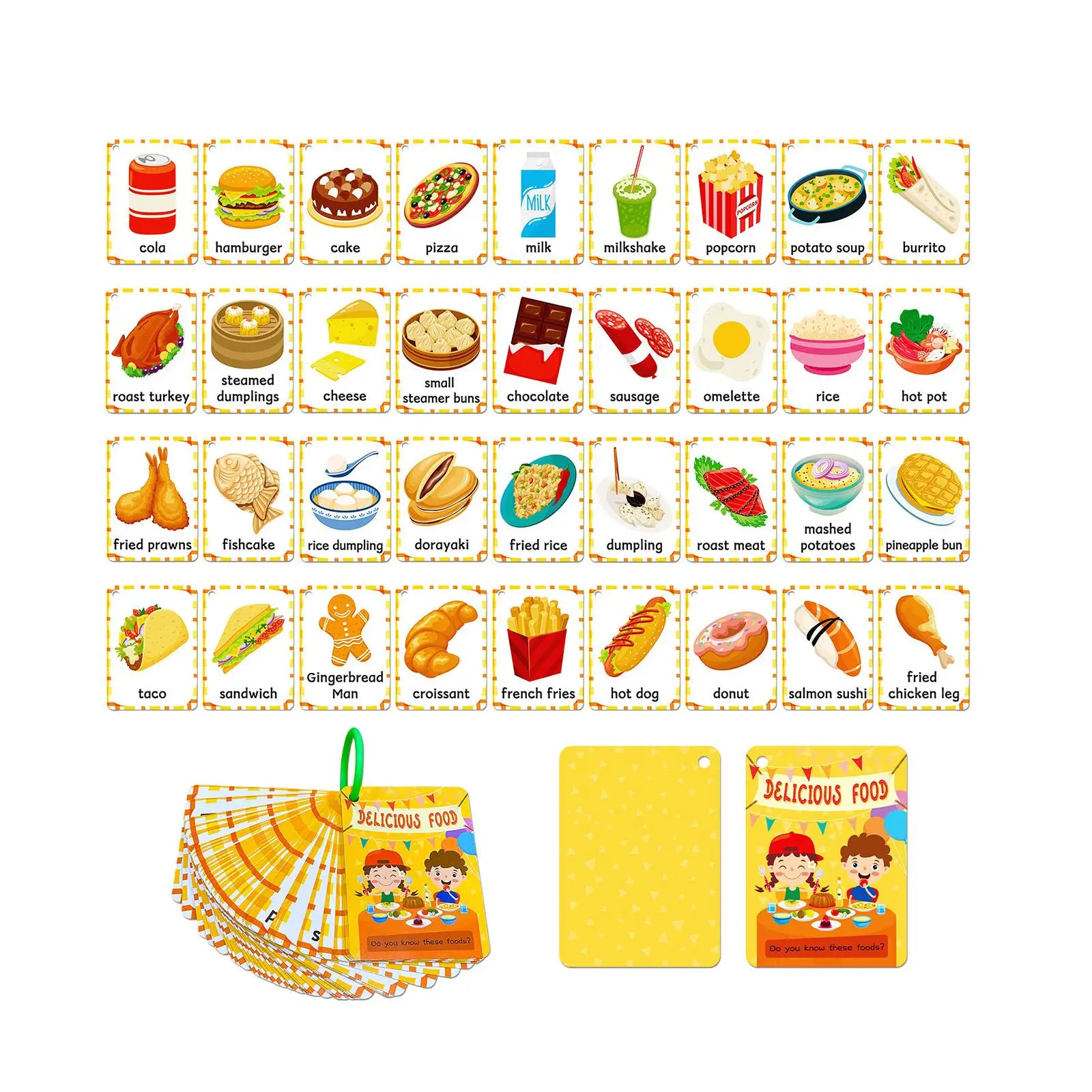 Food Flash Cards Vocabulary Flash Cards, Cognitive Ability Early Learning Montessori for Cosplay, Kindergarten, Center