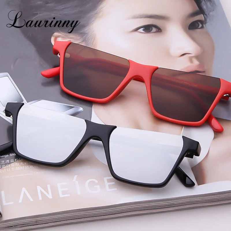 LAURINNY Vintage Half Frame Square Sunglasses Women 2025 Brand Designer Flat Top Mirror 90s Men Sun Glasses Shades Oculos T117
