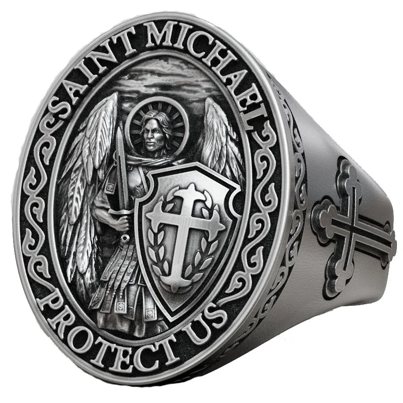 22g Rchangel Michael Combat Rings Michael bas relief statement Mens Present 925 SOLID STERLING SILVER Many Size sz6-13