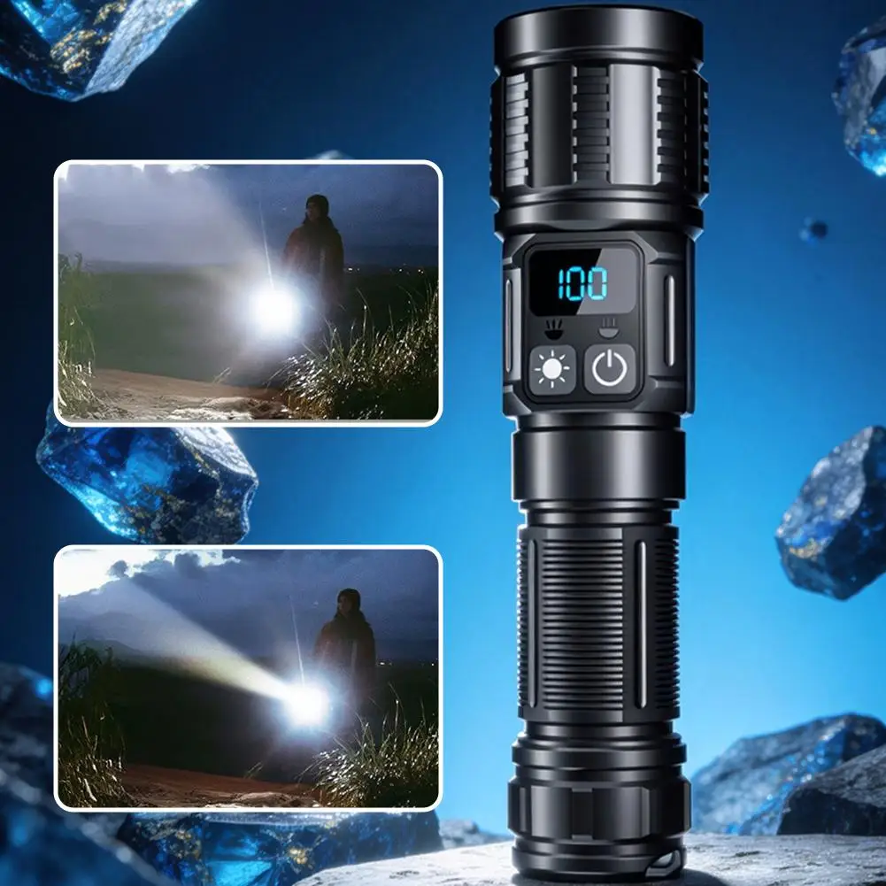 Digital Display Flashlight Magnetic Base Rechargeable Zoomable 800 Lumens 5 Modes Work Light For Car Repair
