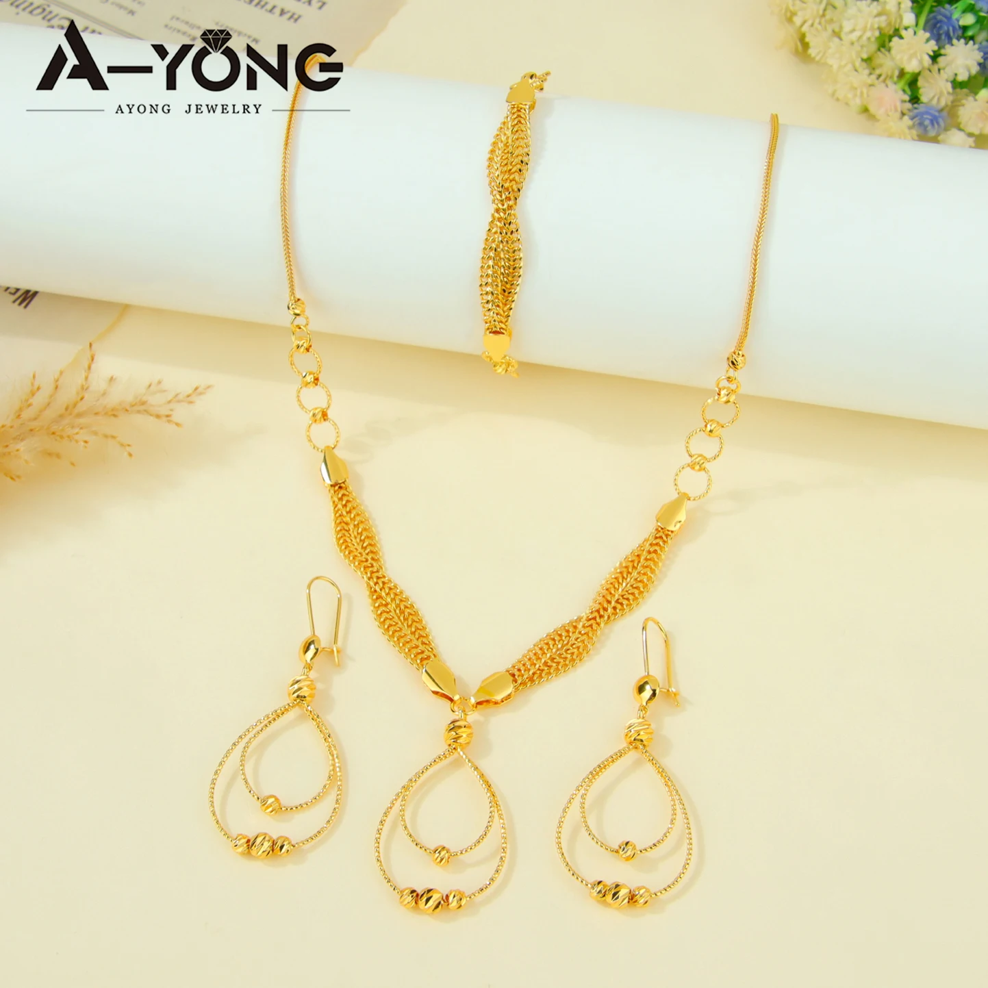 Dubai Mode Wassertropfen-Schmuckset 24k Vergoldet Arabische Exquisite Perlen Halskette Armband Ohrringe Oman Brautschmuck – Detail 4