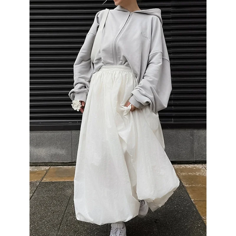 Women's White Cotton High Waist Bubble Skirt, Draping Effect, Big Hem, Long, Women's Clothing, Wholesale, Fengsb