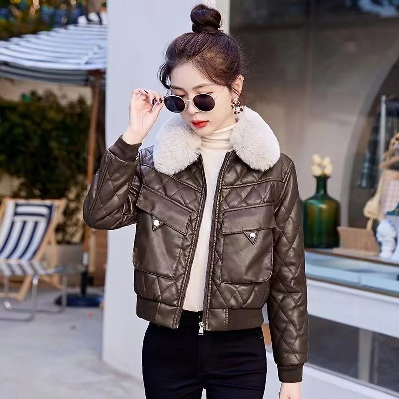 Fur Collar Thick Leather Jacket With Velvet Leather Jackets Women\'s Short Winter New Fashionable Motorcycle Cotton Fur Outwear