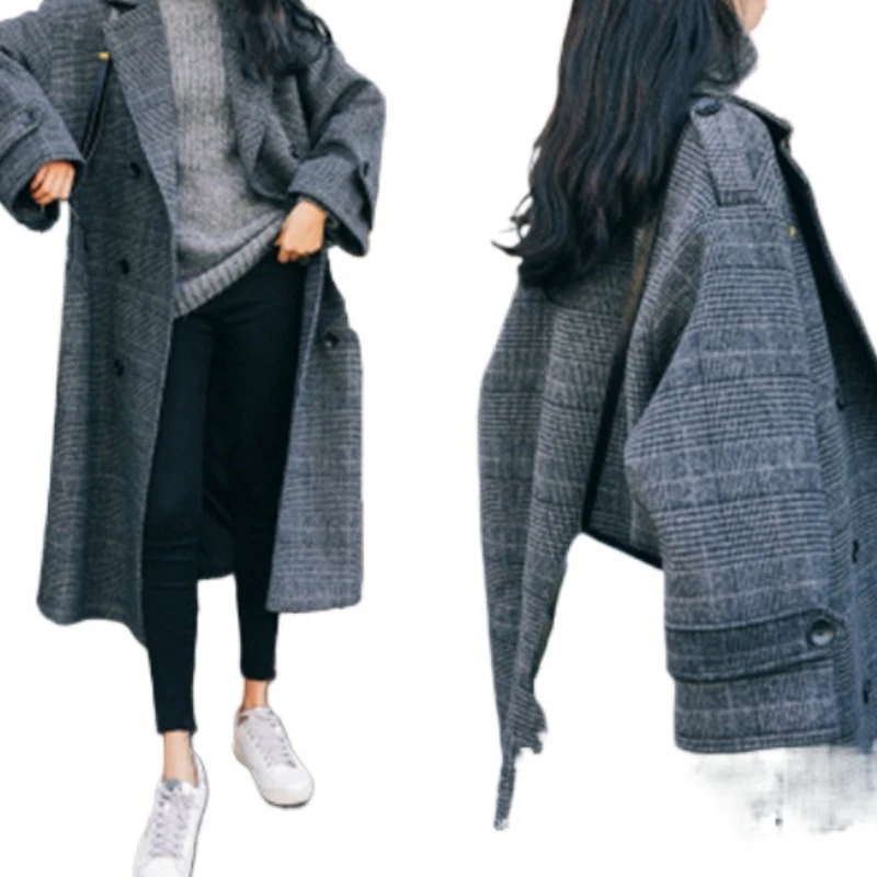 Korean Version of Mid-length Over-the-knee Woolen Coat Women's 2025 Autumn/winter New Temperament Loose Tartan Jacket Trend