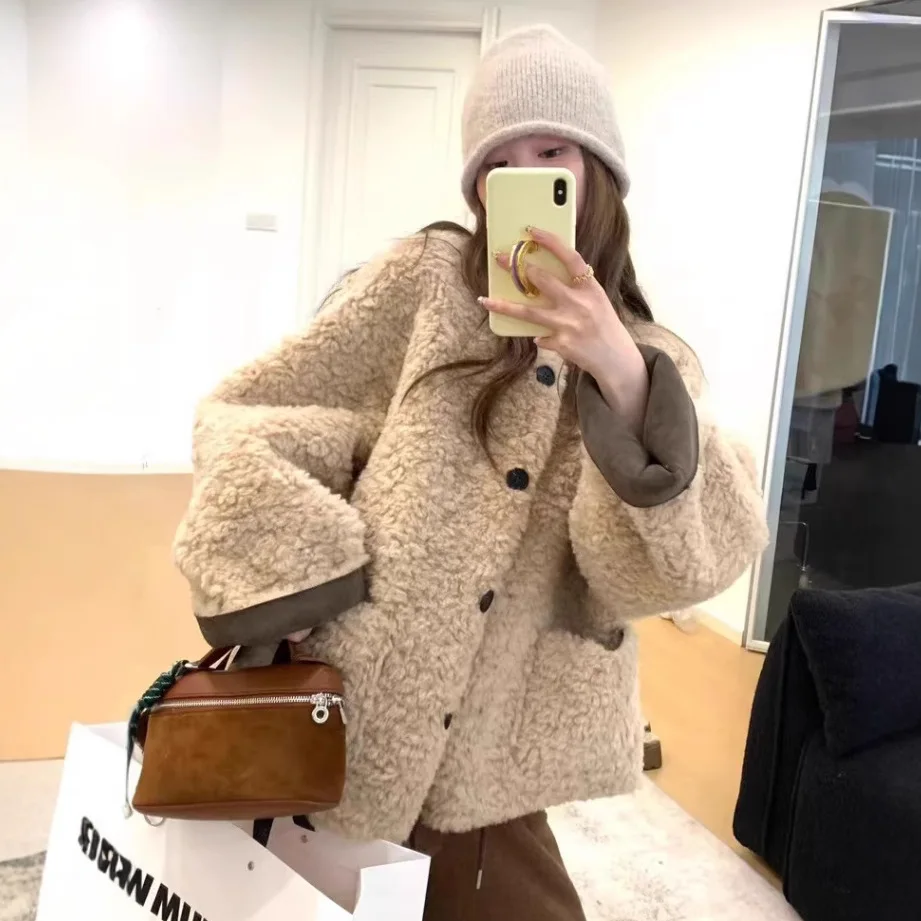 

Lazy Style Environmentally Friendly Lamb Wool Jacket for Women Autumn and Winter Short Style Loose and Thick Fur Integrated