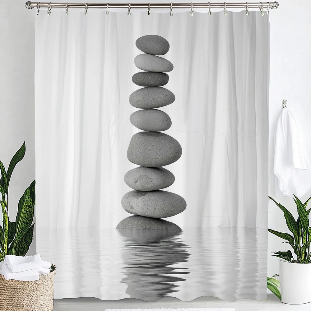 Zen Stone with Lotus Reflection in Water Shower Curtain, Bathroom Decorative Shower Curtain, Home Flowers Curtain with Hooks