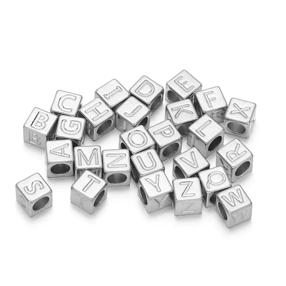 10pcs Stainless Steel Square 26 Letters Beads 5mm Hole Spacer Beads for DIY Cord Bracelet Necklace Accessories Jewelry Making