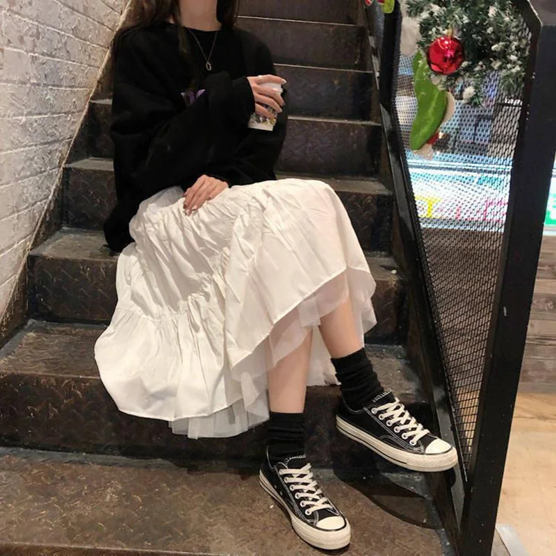 Patchwork Mesh White Elastic Waist A-line Casual Long Skirt Solid Simple For Women's Clothes Korean Preyy Chic Sweet Fashion New