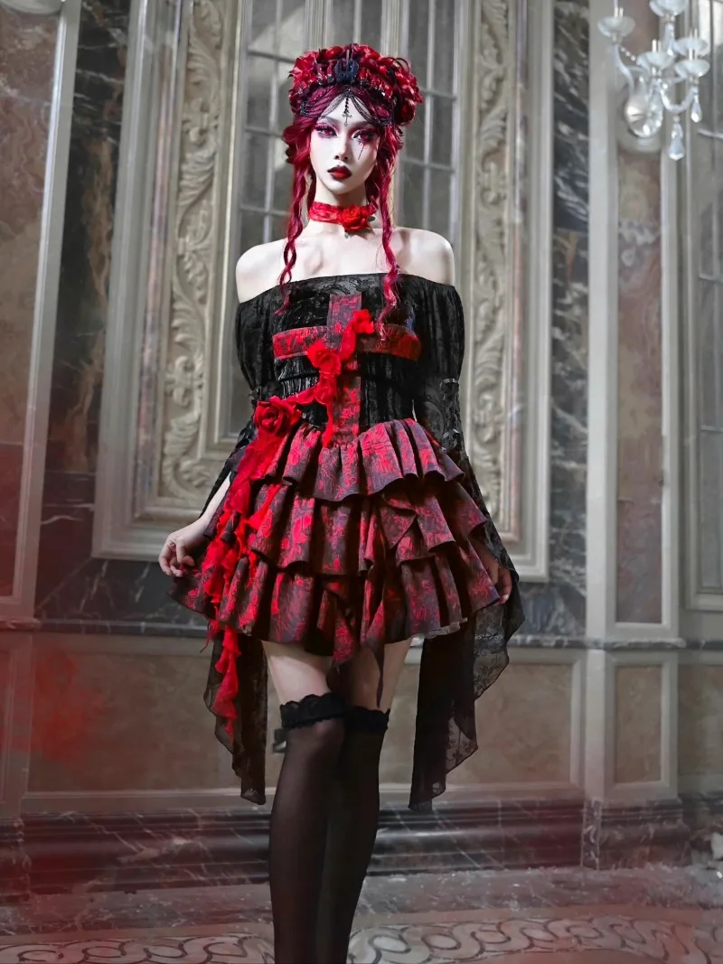 Vestido acampanado con parte superior de tubo cruzado de Jacquard para mujer, Original japonés, gótico, tridimensional, diseño de rosa, industria pesada