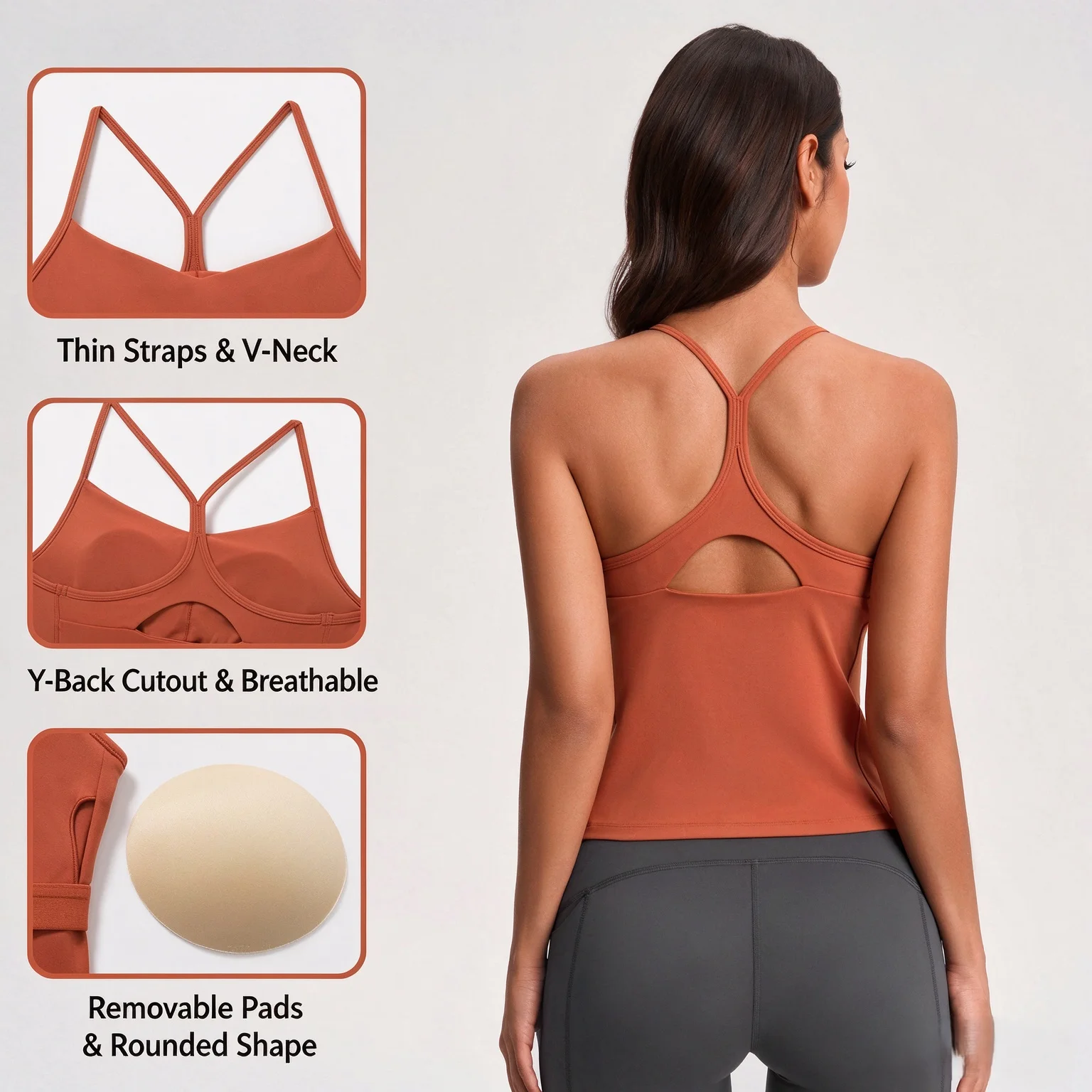 Ladies' V Neck Y-Back Workout Camisole, Brushed Fabric Yoga Tank Top With Removable Pads for Gym Running