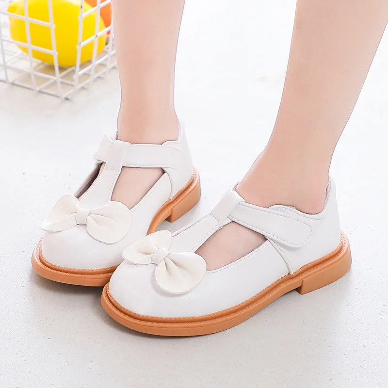 

Children Girl Shoes Mary Janes Bow T-strap Black White Girl's Leather Shoes All-mtach School Kids Flats Size 26-36 CSH1508