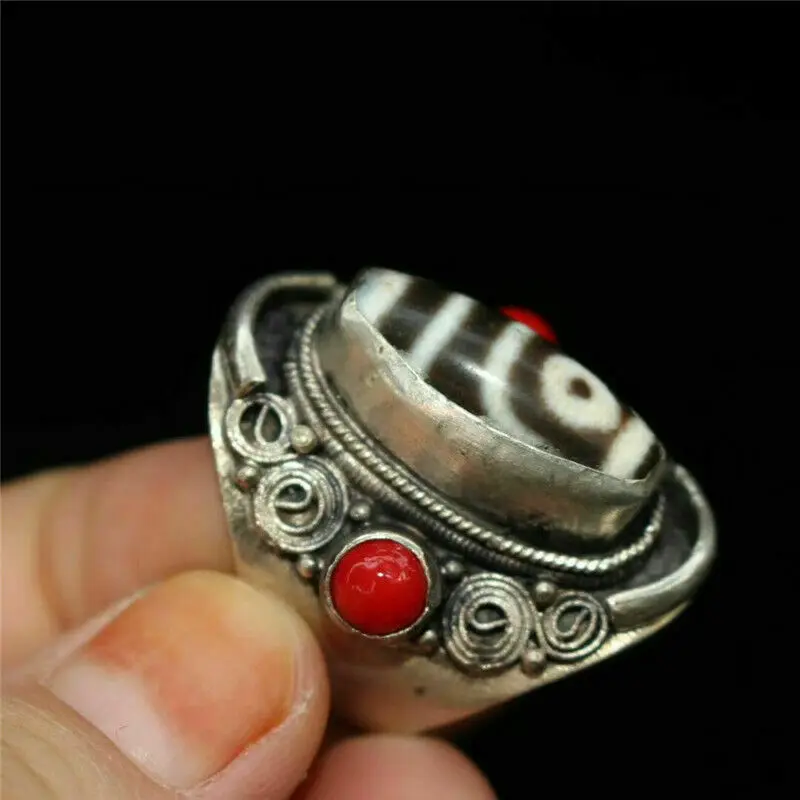 

1.18" Collect China Exquisite pure silver inlay Red Coral Beads Tianzhu Dzi Ring