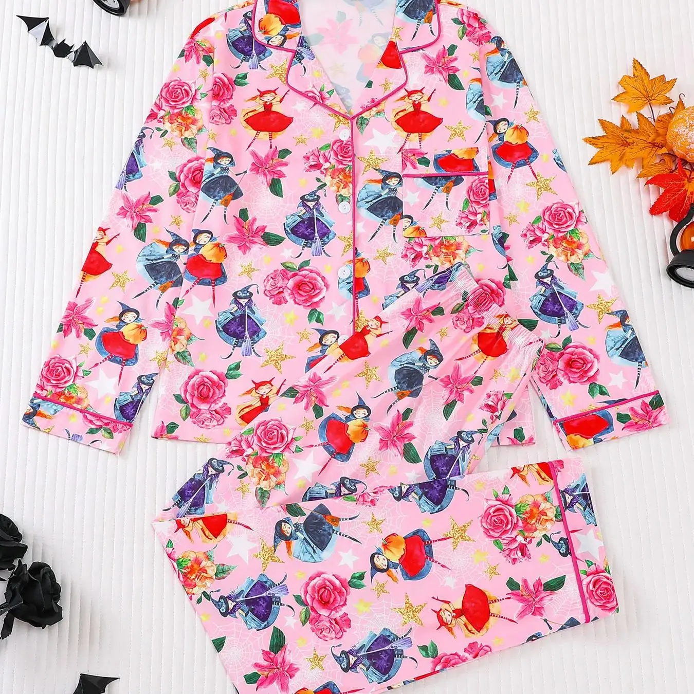 Soft and skin friendly Halloween sleepwear set for women, pink witch print long sleeved pants, breathable home wear