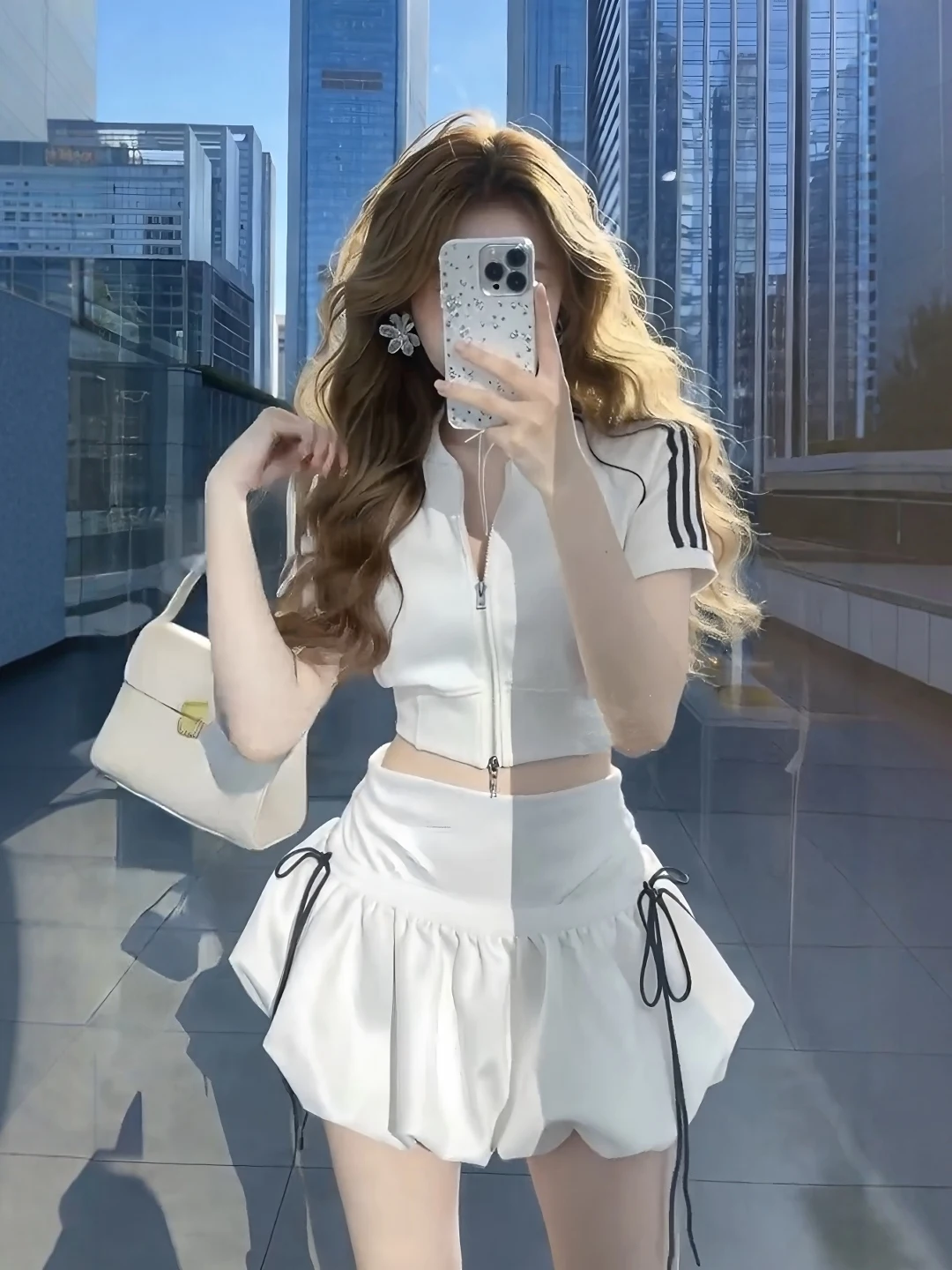 

Adorable Youthful Casual Sportswear Set Women's Short Sleeve High Waist Flower Bud Skirt White Top Summer Fashion Outfit