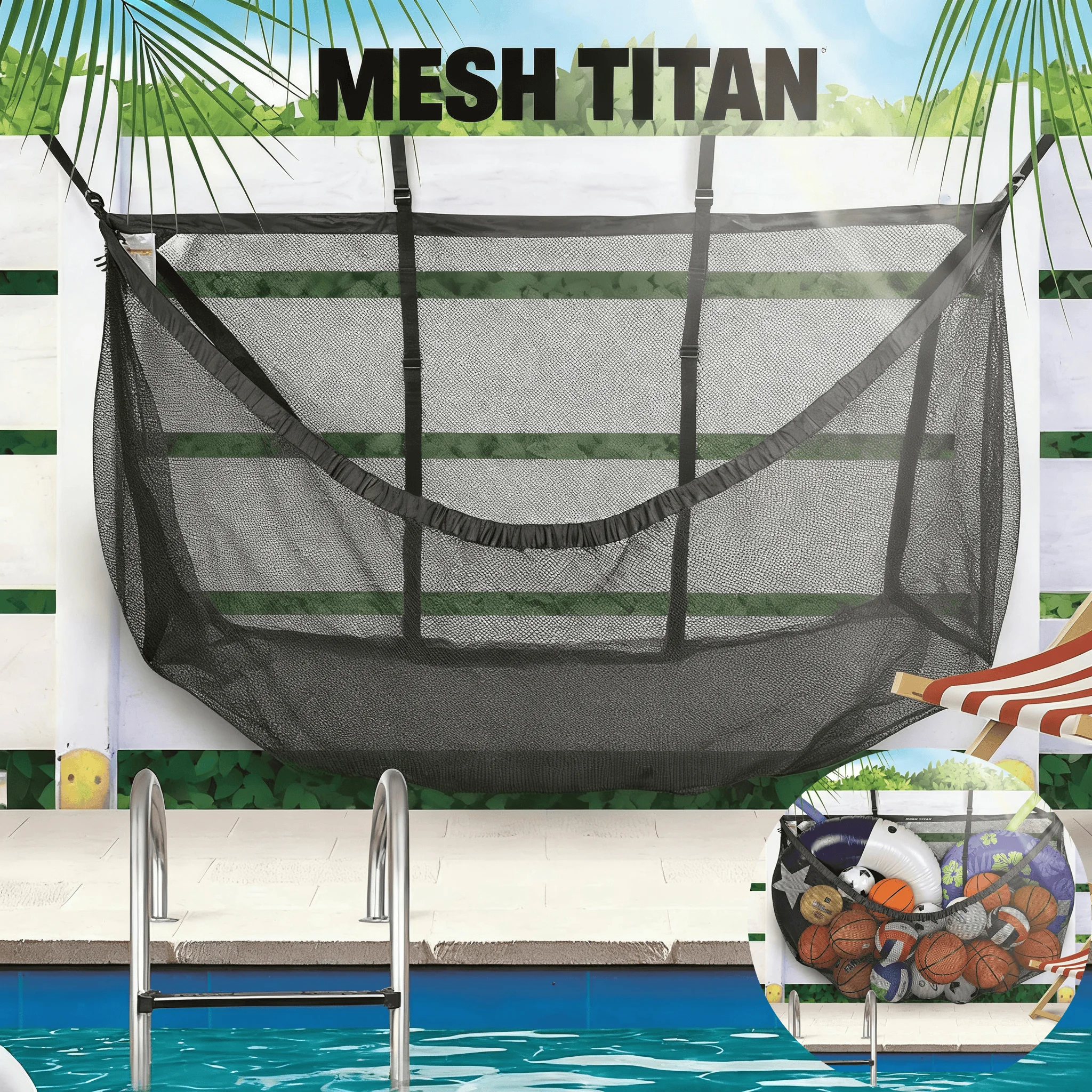 

Large Hanging Pool Storage Mesh Bag - Net Organizer for Pool Toys, Inflatables, Swim Rings & Balls, Adjustable Strap,Outdoor Or