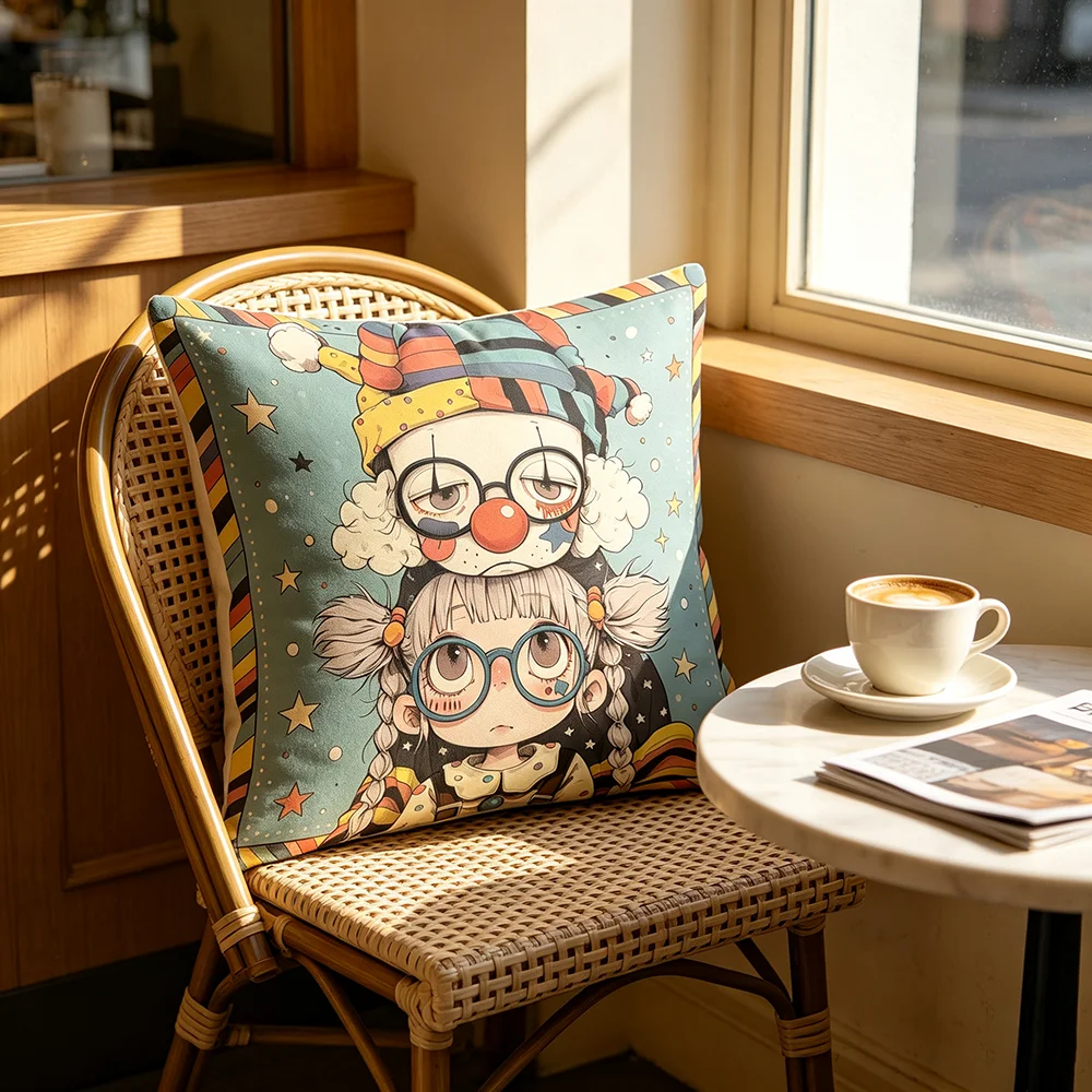 1PC Throw Pillow Cover,Cute Clown Girl Print,Kawaii Cartoon Style,For Sofa Bedroom Couch Home Decor