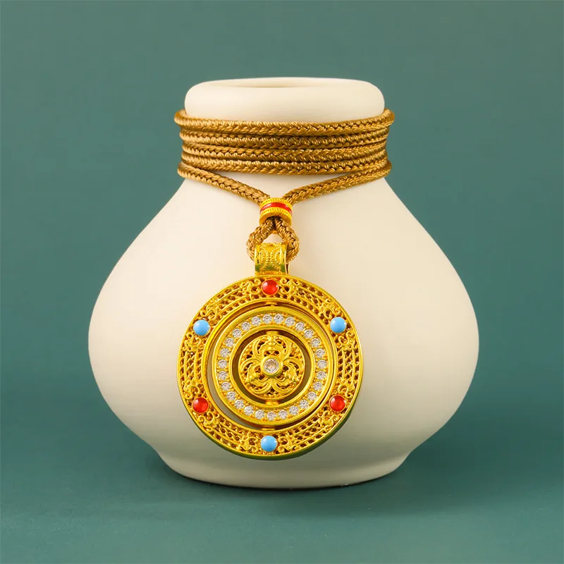 24k Real Gold Plated Rotatable Double Ring Chinese Style Lucky Feng Shui Compass Pendant Inlaid Rhinestone Filigree Blessing Goo