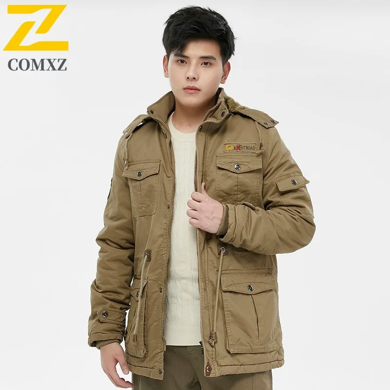 

COMXZ Мужская высококачественная куртка на хлопковой подкладке, осень-зима, винтажная стильная рабочая одежда с капюшоном, однотонное утолщенное теплое пальто