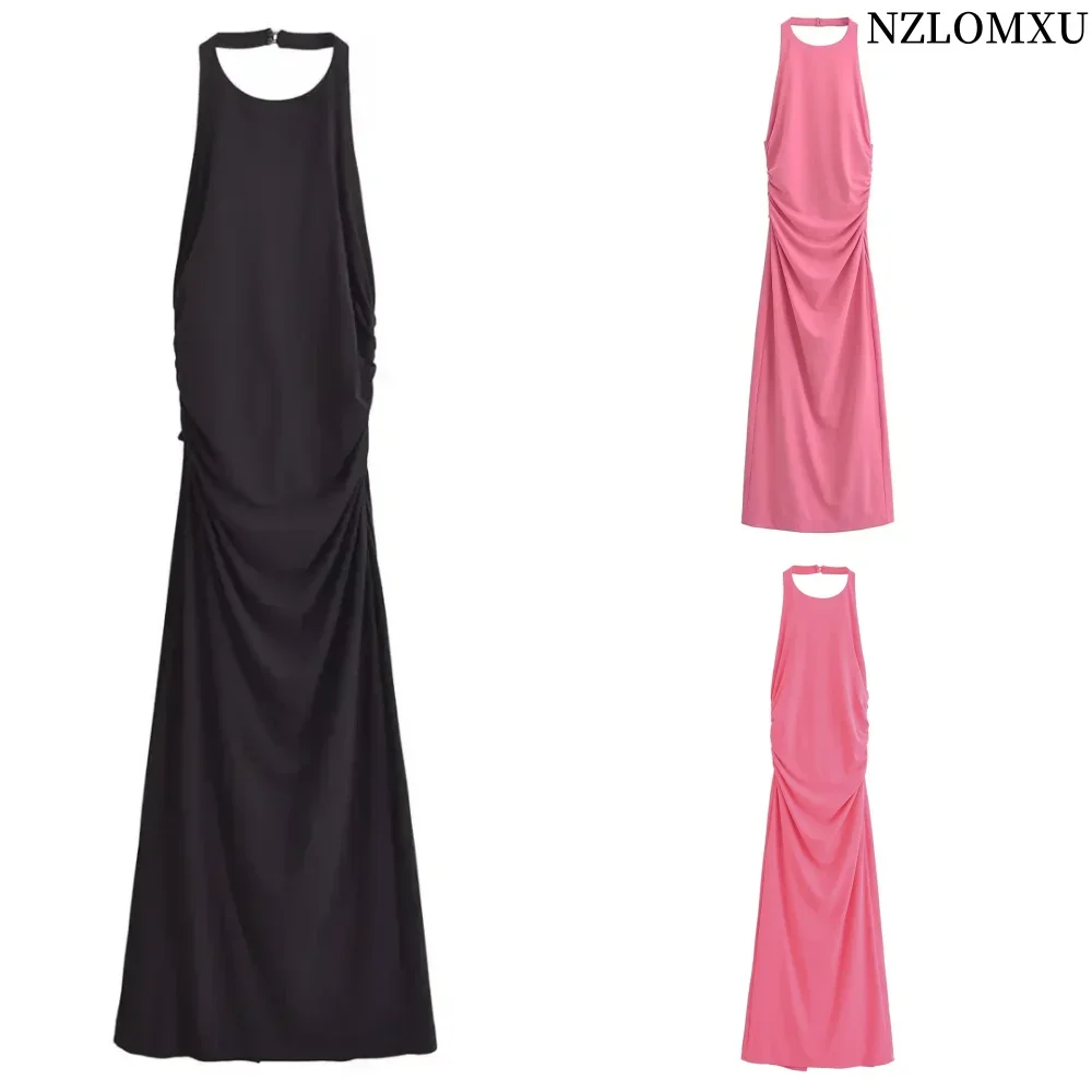 

Women Fashion Summer New Sexy Side Zipper Pleats Solid Halter Backless Long Dresses Chic Female Vintage Evening Dress