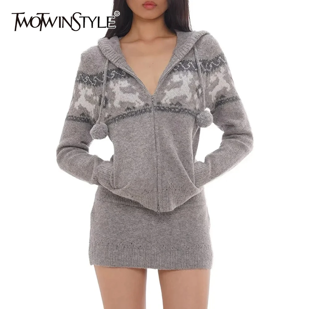

TWOTWINSTYLE Sweet Totem Print Two Piece Set for Women Hooded Long Sleeve Slimming Sweatshirt Low Waist Mini Skirt Suit Female