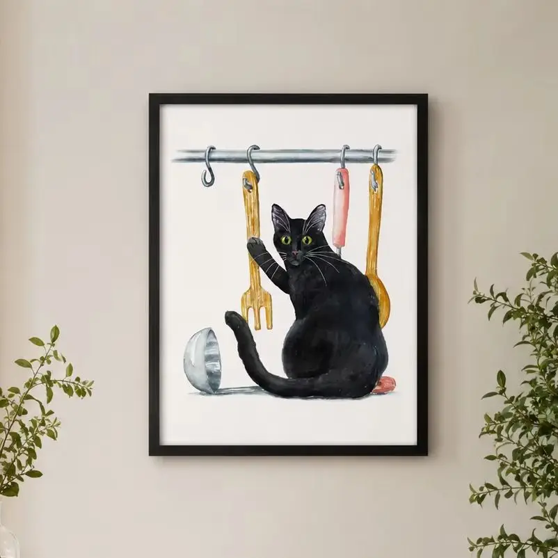 Black Cat Print, Printable Cat Decor, Cat Art, Funny Cat Art,Canvas Wall Print,High‑Grade Home Decoration Artwork for Bedroom,Li