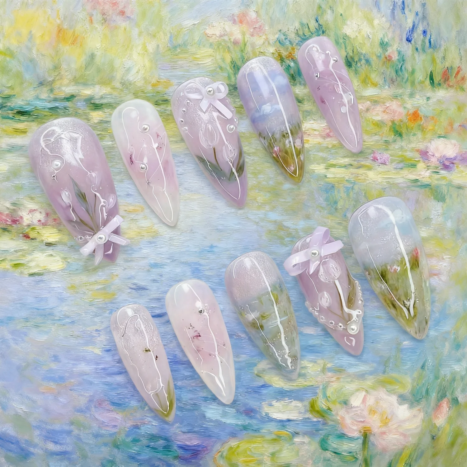 24 stks Middellange Druk Op Nagels Glitter Paars Nep Nagel Patches Met 3D Boog Parel Ontwerpen Zoete Ins Stijl Valse Nagel Tips