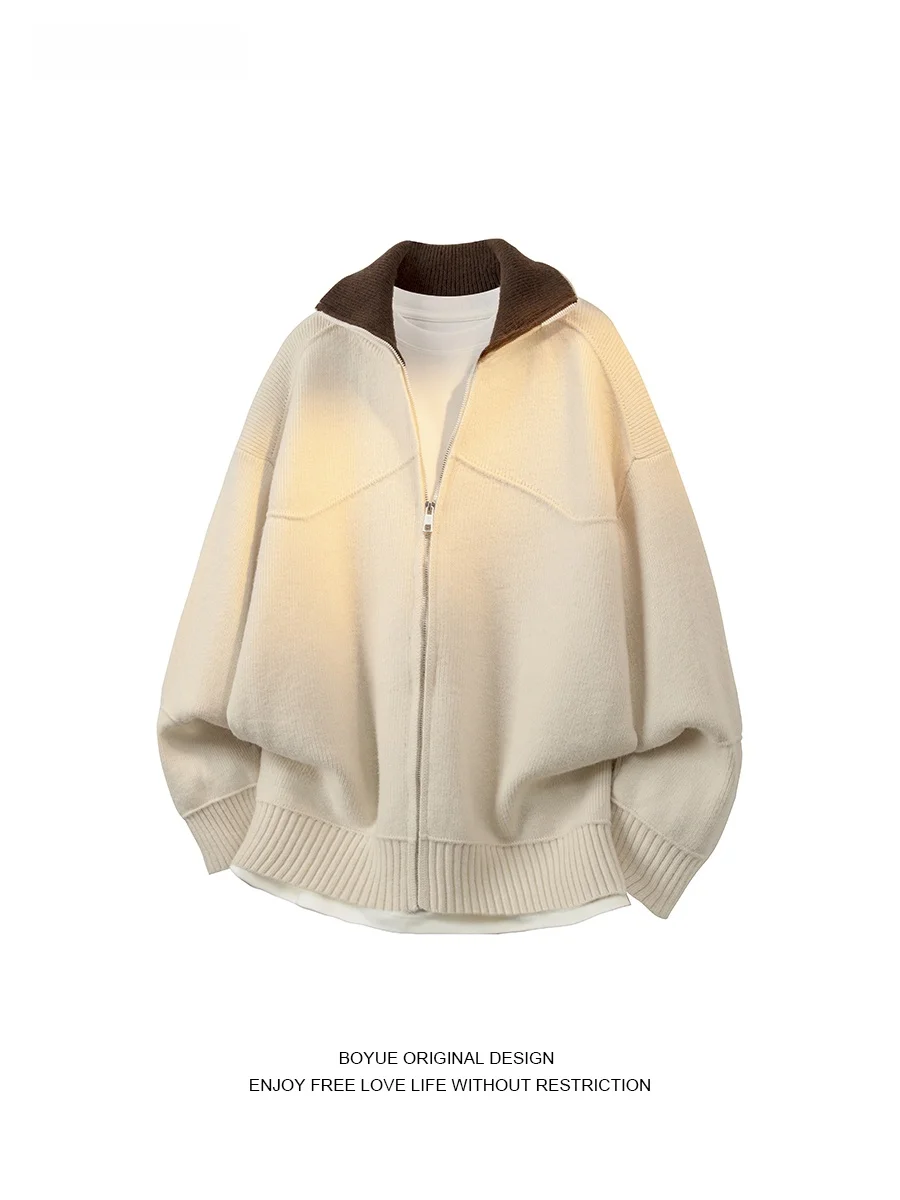 

Boyue американский ретро контрастный цветной воротник открытый кардиган свитер мужской свободный универсальный вязаный верхняя одежда для пар