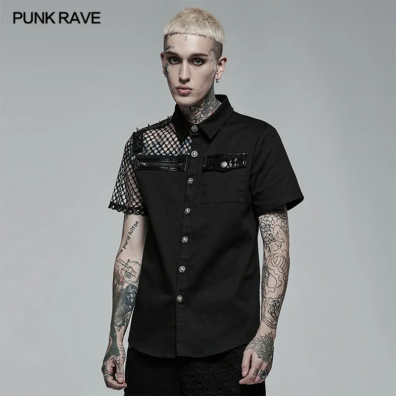 

PUNK RAVE Men's Punk Simple Profile Asymmetric Stitching Black Shirt Ghost Shaped Buttons Summer Casual Blouses Shirts for Men