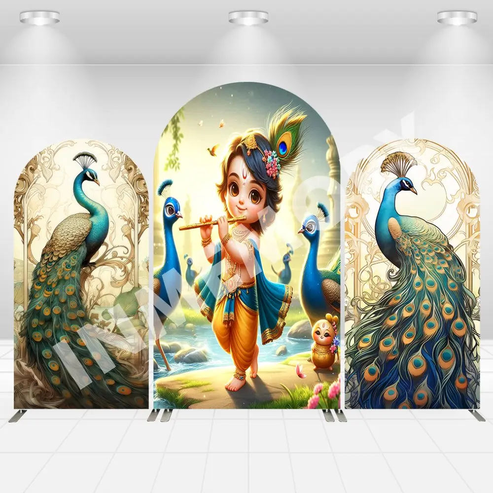 Baby Shower Arch Backdrop Cover Peacock Birthday Party Decor Hinduism Krishna and Radha Twins Gender Reveal Photo Background