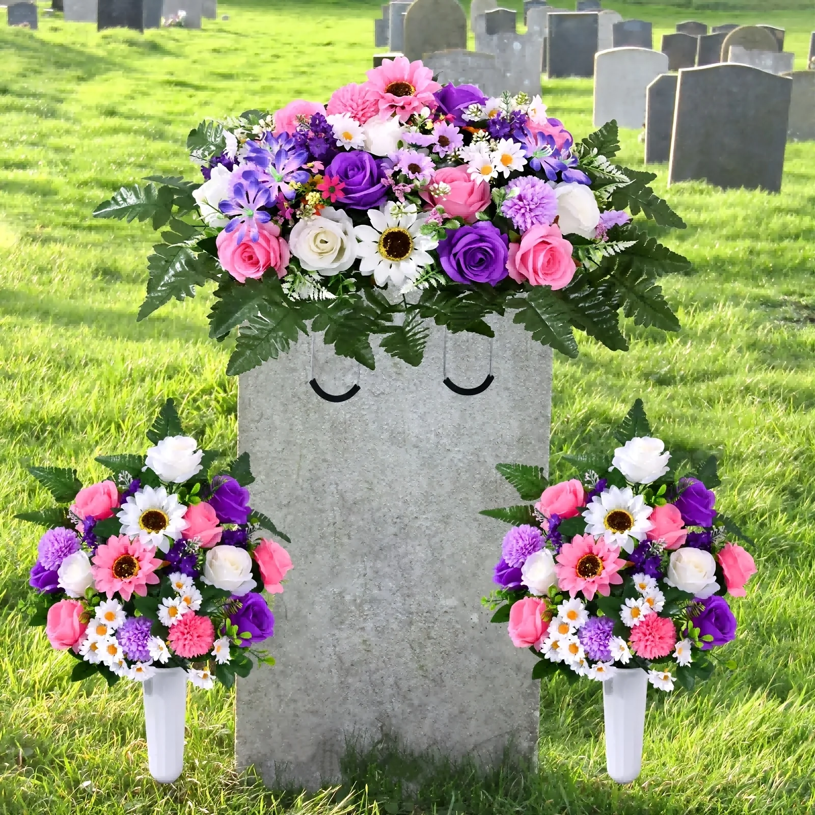 

1/3pcs Artificial Cemetery Flower For Grave With Saddles, Artificial Silkyy Rose Flowers And Bouquets With Vases, Memorial Day