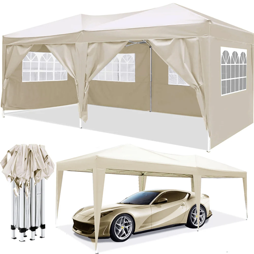 10ft X 20ft Khaki Pop-Up Portable Folding Party Tent, Waterproof and UV Protective, Easy To Pack, Includes 6 Removable Sidewalls, Storage Bags and 4 Weight Bags