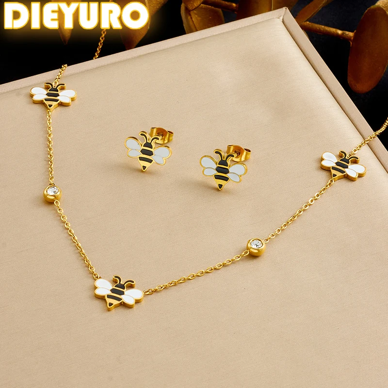 

DIEYURO 316L Stainless Steel Cartoon Cute Bee Zircon Neck Earrings Set For Women New Fashion Trend Waterproof Jewelry Gift Set