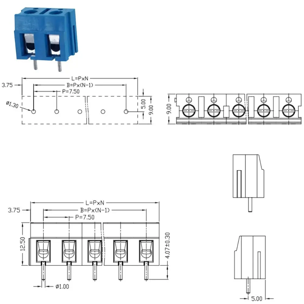 50 PCS DG300 KF370 7.5mm Pitch Screw PCB Terminal Block, Modular 2P 3P Circuit Wiring Connector