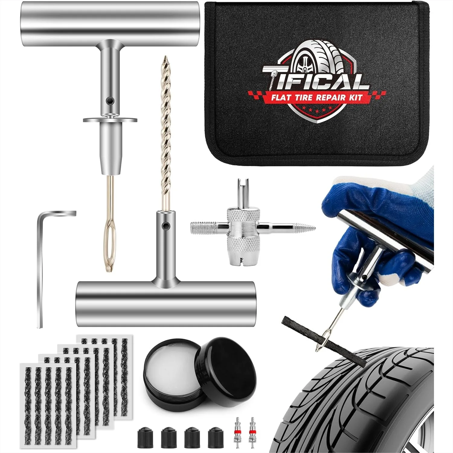 

32 PCS Flat Tire Repair Kit for Cars, Trucks, SUVs, Motorcycles, ATVs with T-Handle Tools and Storage Bag