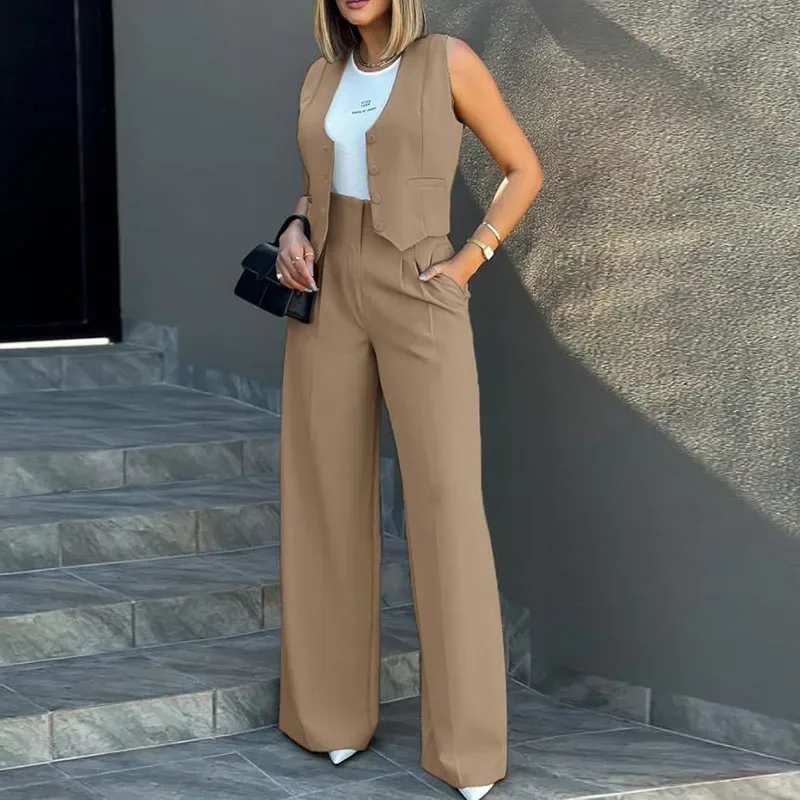 

Lady Fashion Waistcoat Wide Leg Pants Two Piece Sets Spring Summer Commute Elegant Sleeveless Casual Solid Color Sets For Women