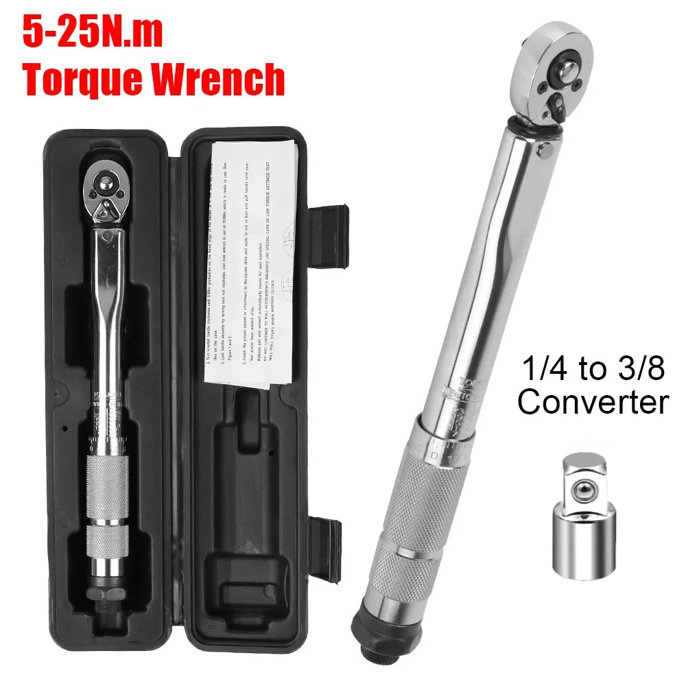 

5-25N.m Micrometer Car Motorbike Disassembly Tool Professional Adjustable Torque Wrench 1/4'' Drive Spanner Hand Tool 3/8Adapter