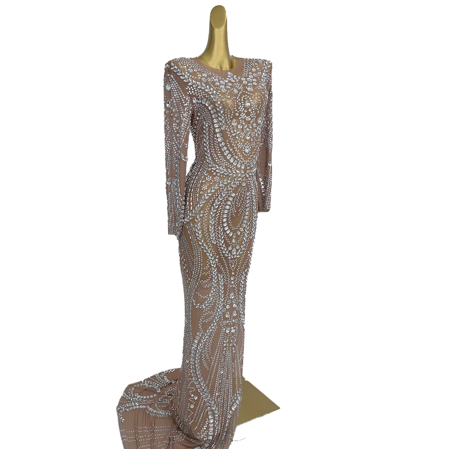 Fulingkaichachangqun femmes élégantes haut de gamme robe de soirée argent plein diamant Perspective maille robe anniversaire robes de bal