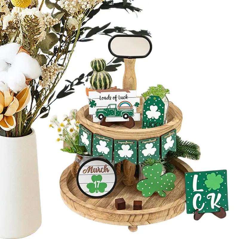 Tier Tray Decor Irish Shamrock Tiered Tray Décor 17PCS Wooden Signs Farmhouse Tiered Tray Items Party Decorations For Irish