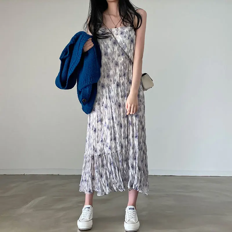 シックなサマードレス スクエアカラー ノースリーブ プリーツ ウォーターインクプリント レースヘムライン ラップスタイル ハイウエスト ロングドレス 韓国スタイル
