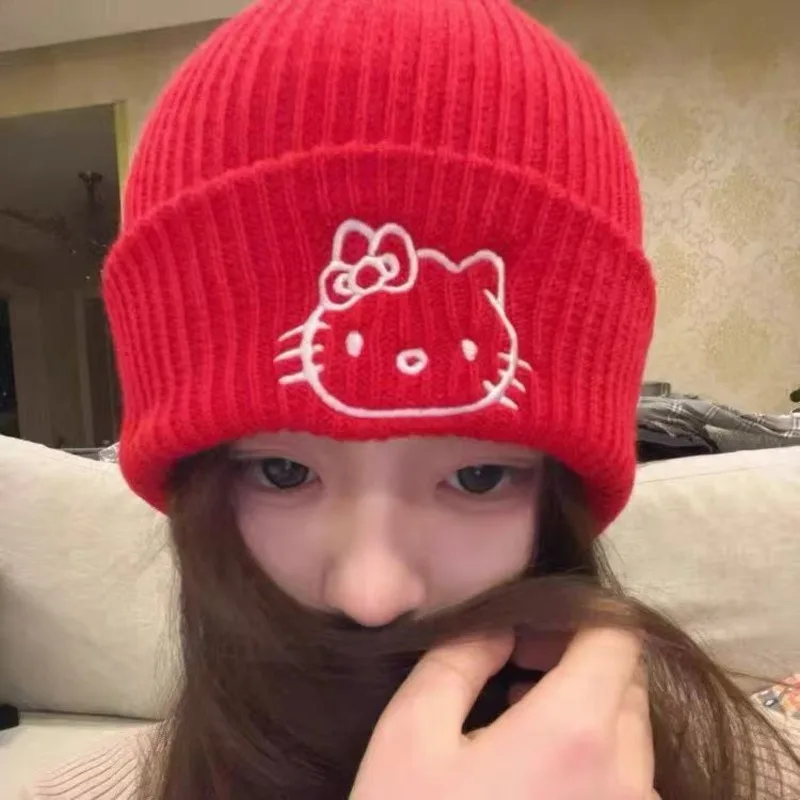 Sanrio Hello Kitty Cute Cartoon Printed Knitted Hat Women's Autumn Winter New Wool Warm Hat Simple Design Korean Style Trend Hat