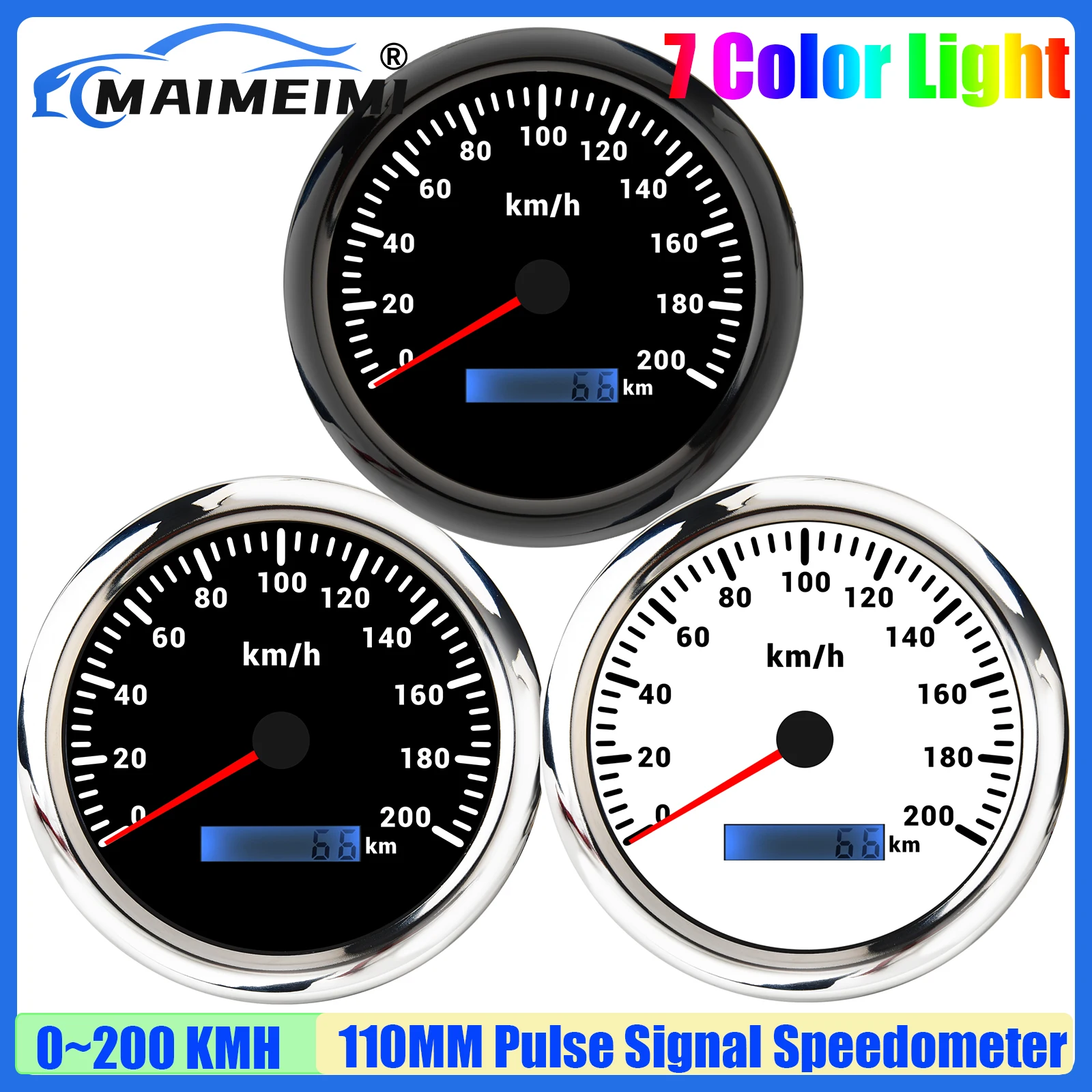 MAIMEIMI 110MM SPeedometer with 7 Color Backlight 0-200KMH Pulse Signal Analogic Pulse Speedometer no GPS for Boat Car 12V24V