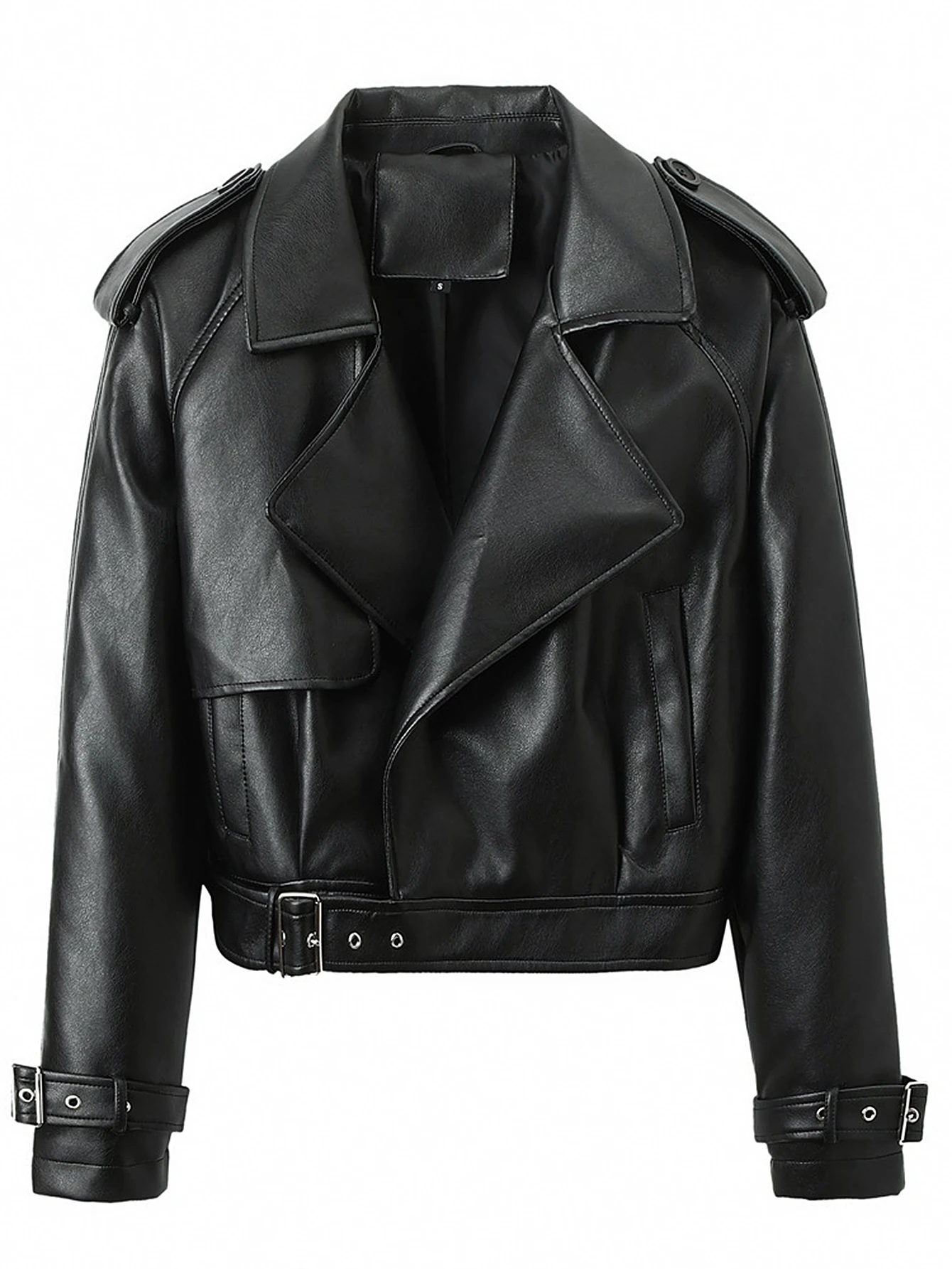 سترة نسائية للخريف والشتاء بأكمام طويلة وطية صدر السترة بلون سادة معطف جلدي أساسي أنيق للشارع للنساء #3