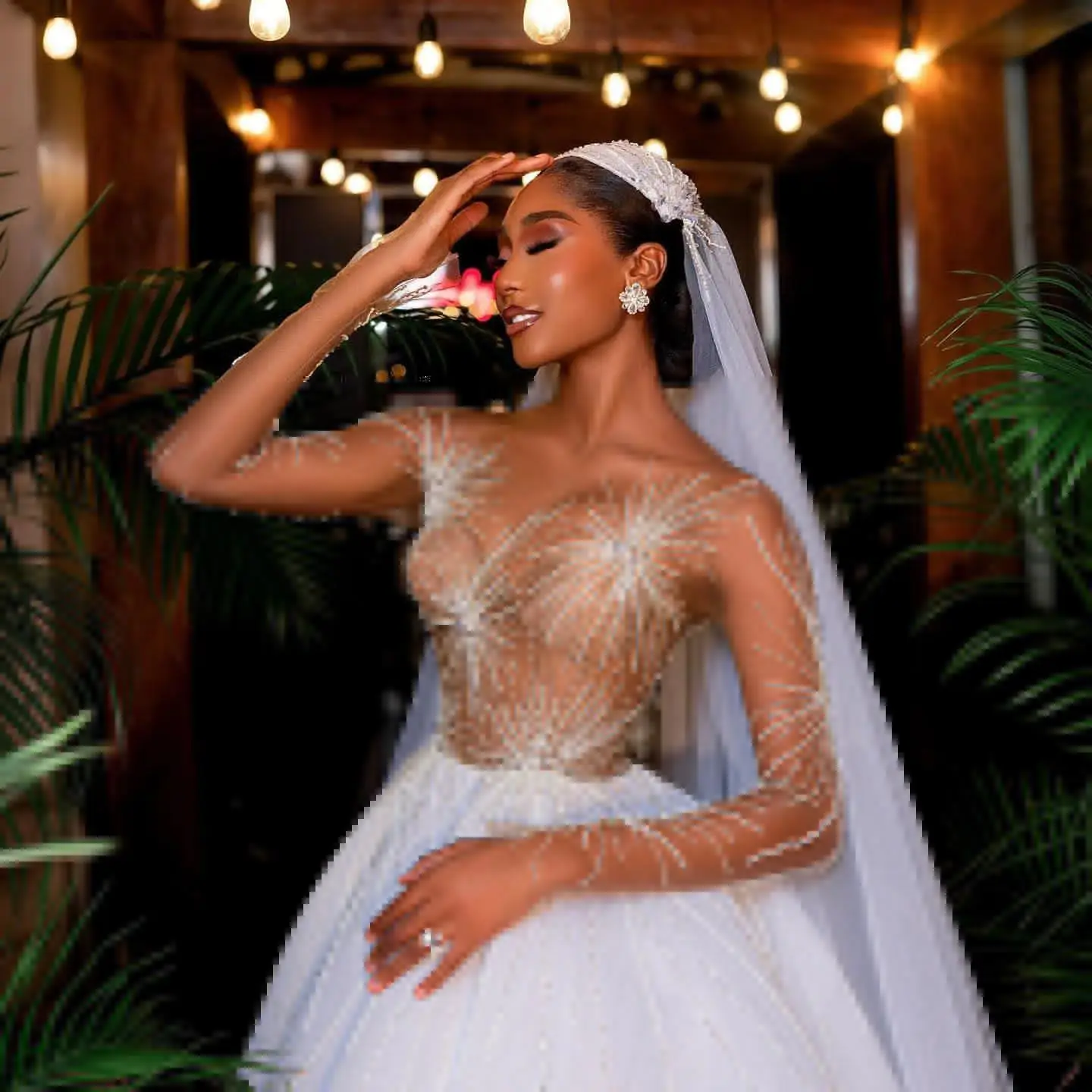 Impresionante vestido de novia de encaje de fuegos artificiales blancos, mangas completas transparentes, línea A, vestidos de novia con cuentas africanas, vestido de novia bonito