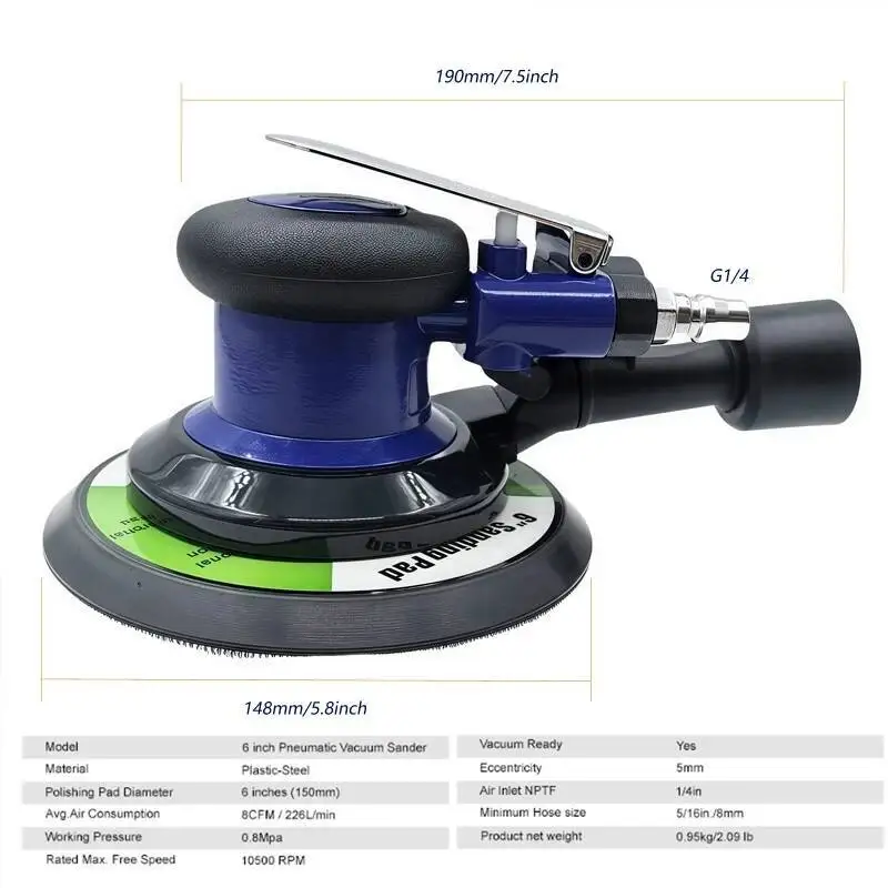 Professional Pneumatic Air Sander – 6-Inch Dual-Action Orbital Tool for Auto Body Refinishing, Woodworking & Furniture Sanding 6