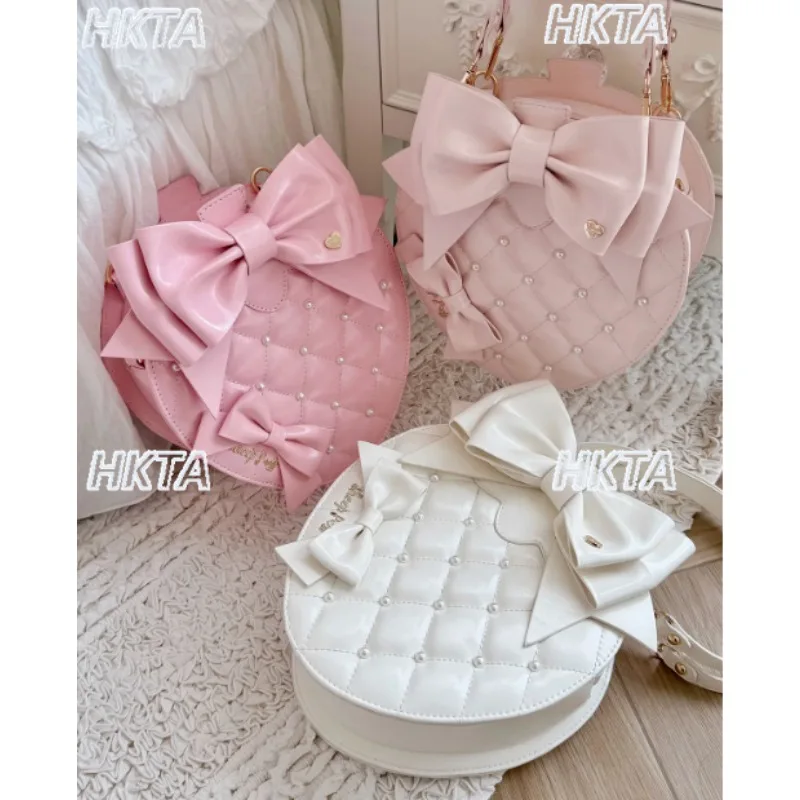 Japanese Lolita Pearl Rhombus Alphabet Bow Cute Sweet Messenger Bag Female Fashion Versatile Kawaii Strawberry Backpacks Women