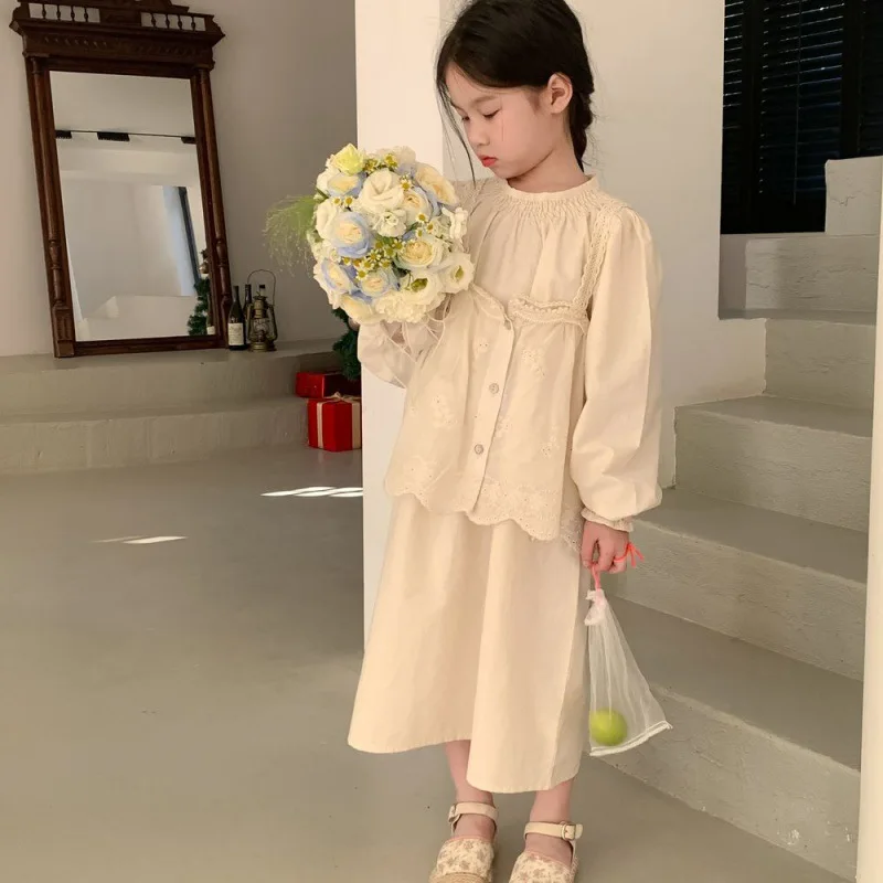 Children's suit2024Spring Girls' Lace Lace Spaghetti-Strap Two-Piece Children's Korean-Style Solid Color Skirt Suit