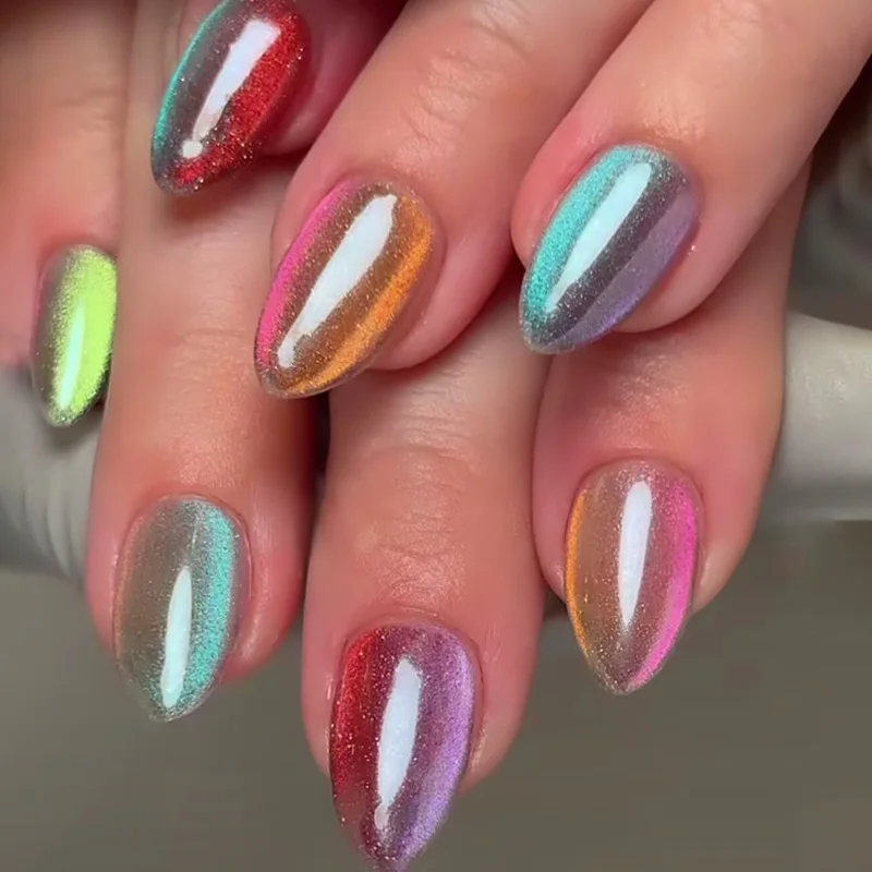 24 Stück glänzende rote Katzenaugen-Nägel zum Aufdrücken, vollständige Abdeckung, nackte Farbe, tragbare Mandel-Kunstnägel, Charms, abnehmbarer künstlicher Nagel für Mädchen