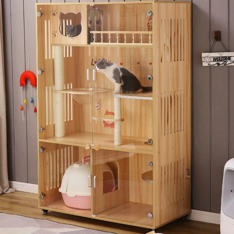 Solid wood cat cage luxury cat villa cat display cabinet tempered
