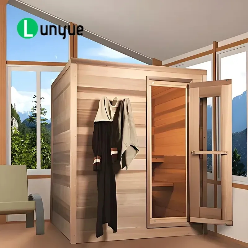 Indoor Wooden Sauna Room 2-3 Person Deluxe Wet Dry Steam Cabin with LED Light and Shower for Home Spa Relaxation